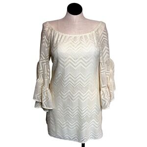 Rachel Kate Cream Chevron‎ Lace Bell Sleeve Off The Shoulder Mini Dress L